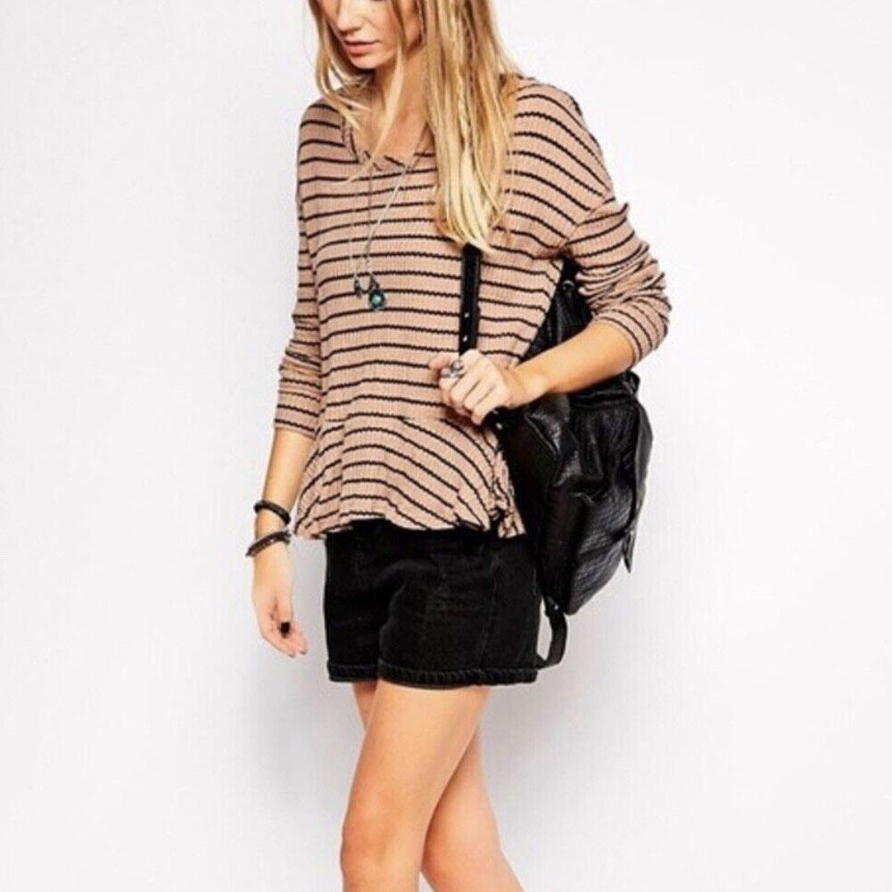 We The Free People Auntie Em Striped Thermal‎ Peplum Top, Women's S 3/4 Sleeve